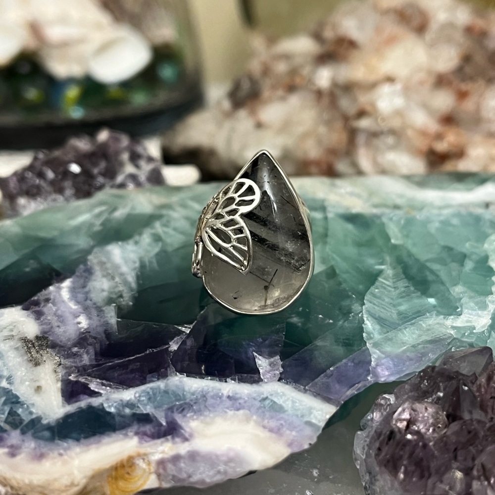 Mexican pure Silver .925 Tourmaline Rutilated Quartz Ring